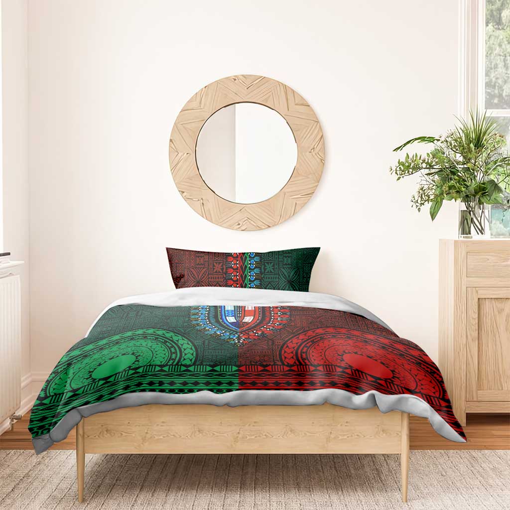 Green-red Dashiki and Tapa Pattern Bedding Set Africa-Polynesia Together Culture LT9