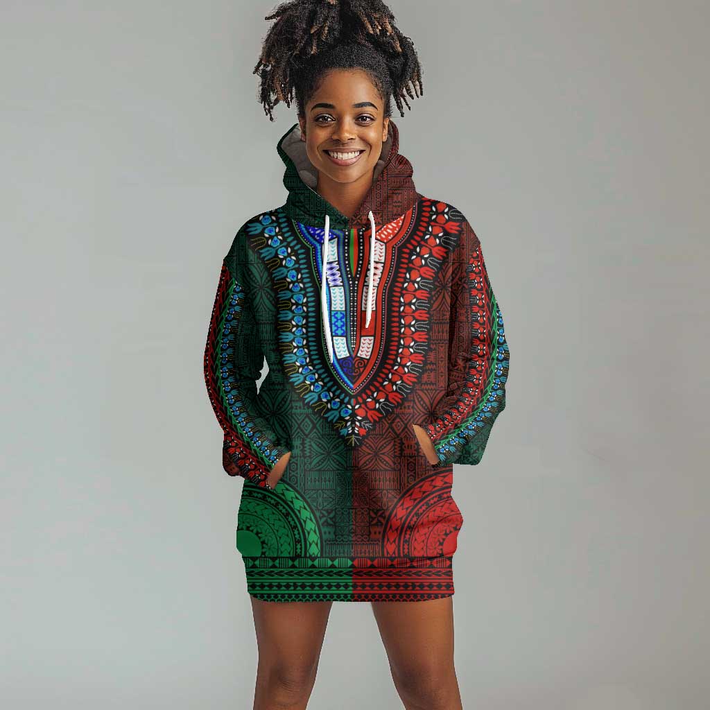Green-red Dashiki and Tapa Pattern Hoodie Dress Africa-Polynesia Together Culture LT9