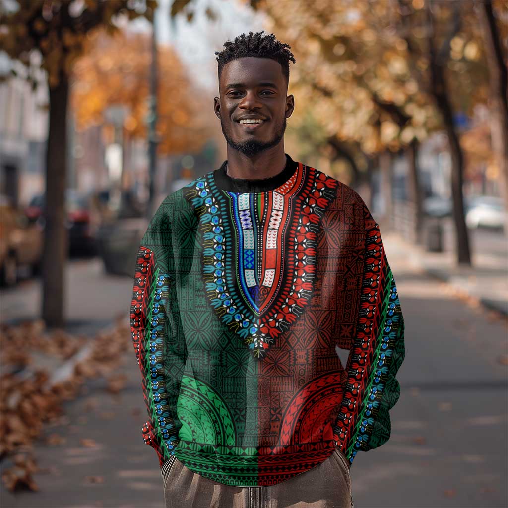Green-red Dashiki and Tapa Pattern Sweatshirt Africa-Polynesia Together Culture LT9