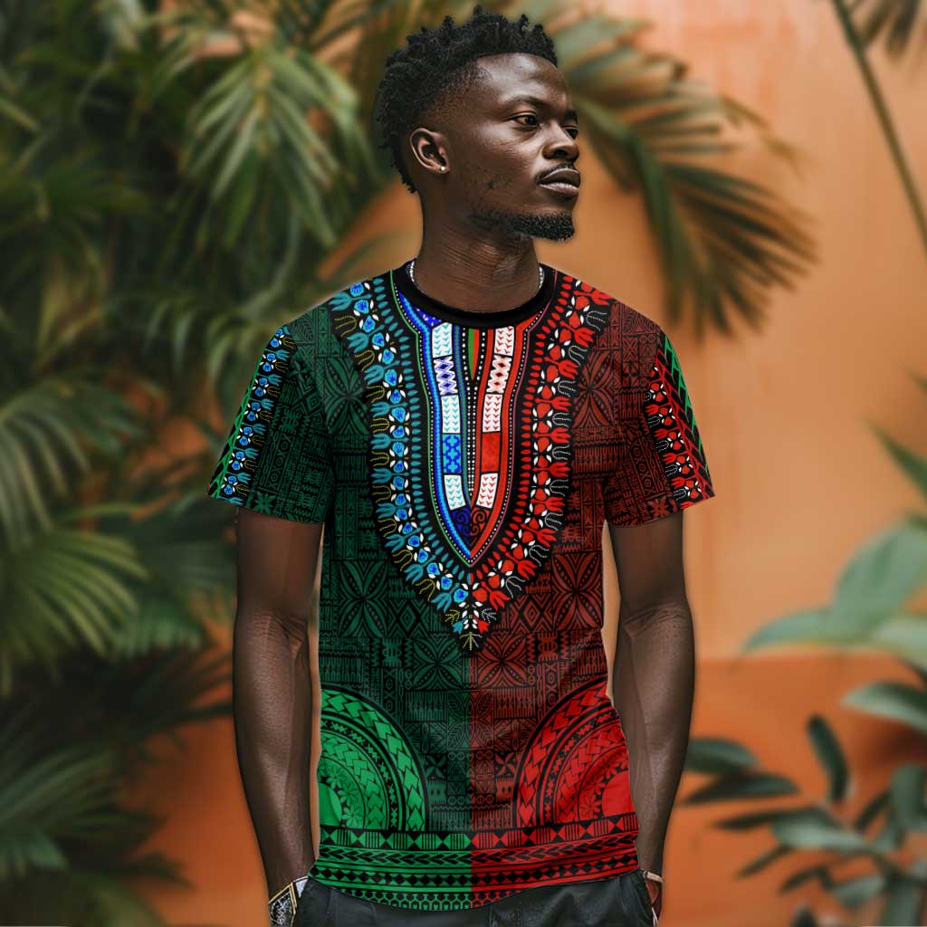 Green-red Dashiki and Tapa Pattern T shirt Africa-Polynesia Together Culture LT9