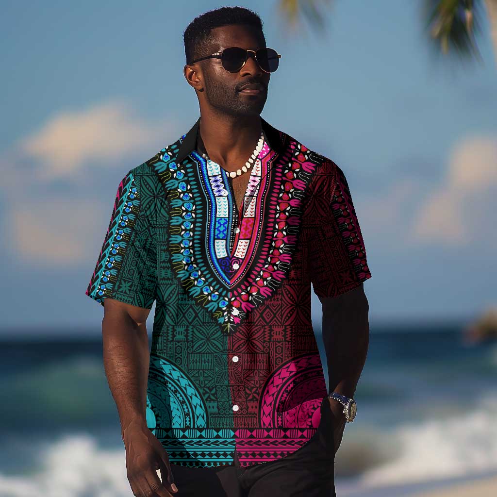 Teal-pink Dashiki and Tapa Pattern Hawaiian Shirt Africa-Polynesia Together Culture LT9