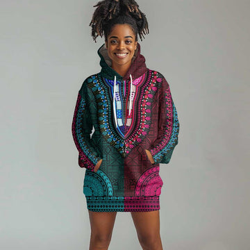 Teal-pink Dashiki and Tapa Pattern Hoodie Dress Africa-Polynesia Together Culture LT9