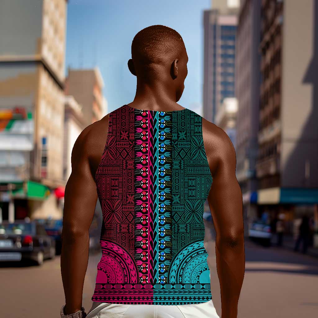 Teal-pink Dashiki and Tapa Pattern Men Tank Top Africa-Polynesia Together Culture LT9