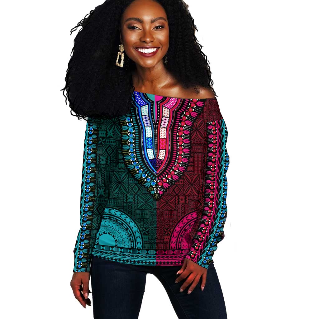 Teal-pink Dashiki and Tapa Pattern Off Shoulder Sweater Africa-Polynesia Together Culture LT9