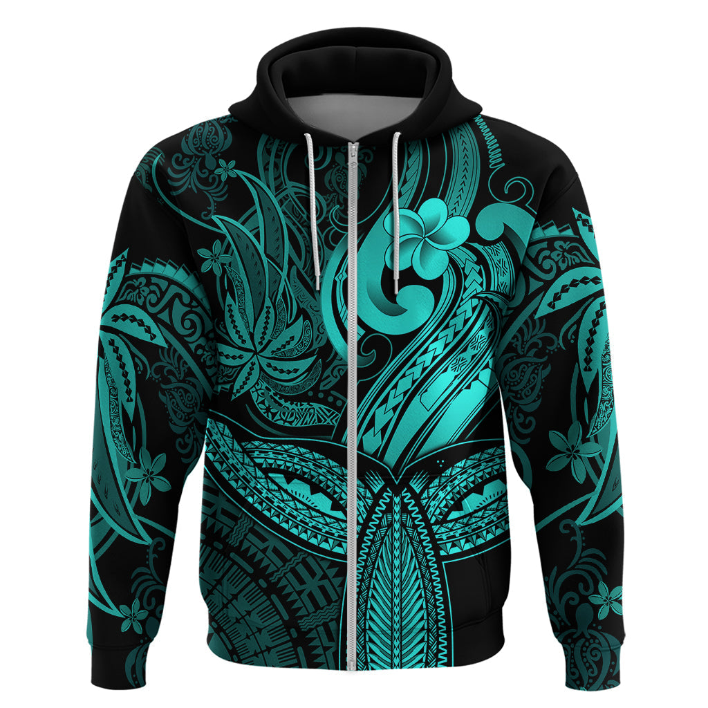 Polynesia Hoodie Whale Tale and Polynesian Sunset Plumeria Turquoise LT9