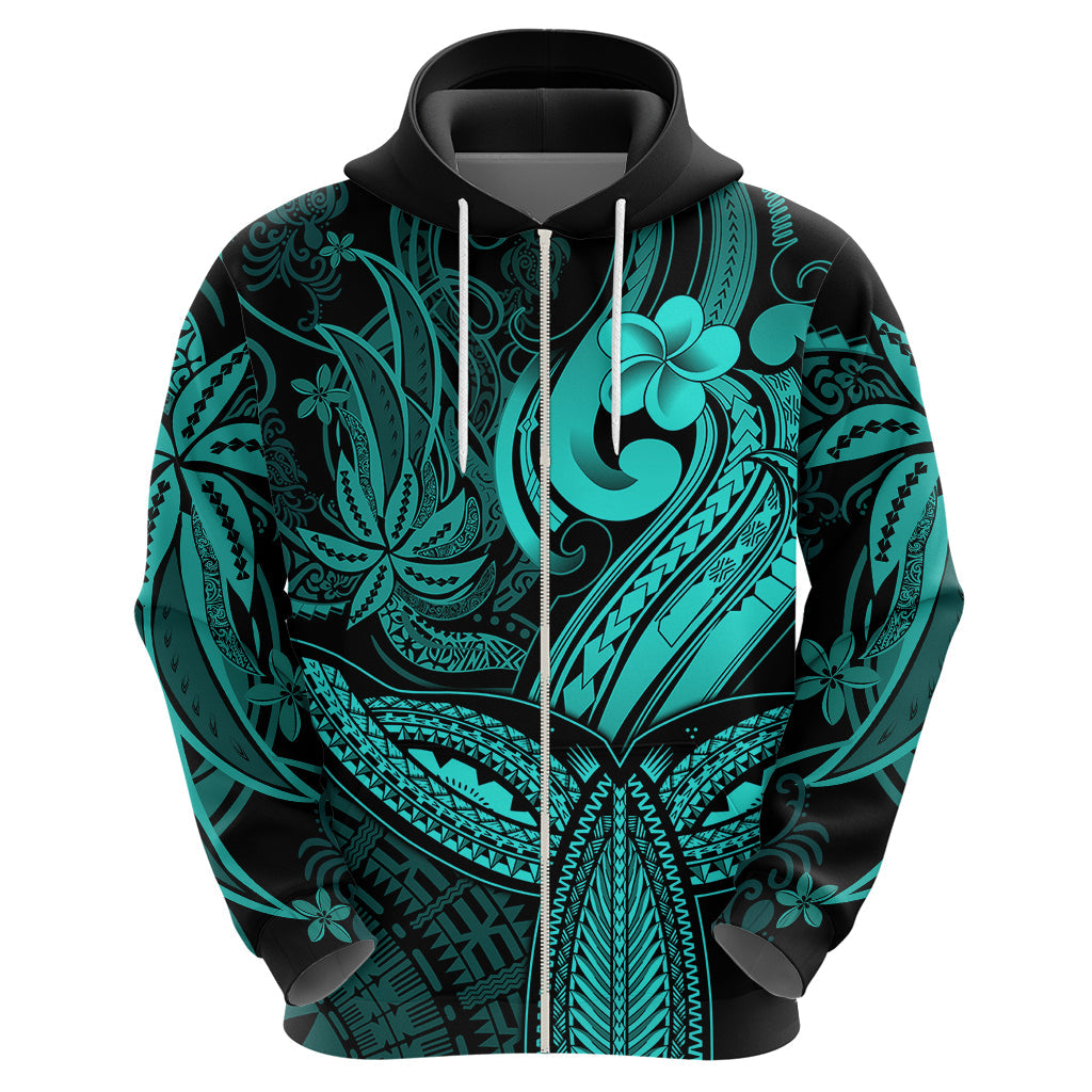 Polynesia Hoodie Whale Tale and Polynesian Sunset Plumeria Turquoise LT9