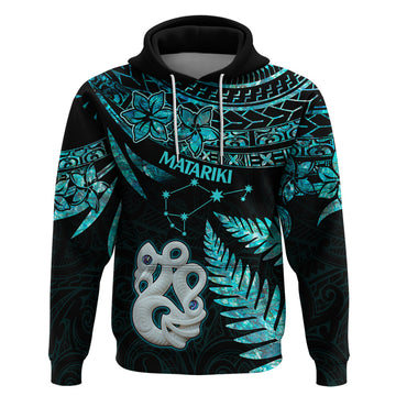 Matariki New Zealand Hoodie Maori Manaia with Paua Shell - Aqua LT9