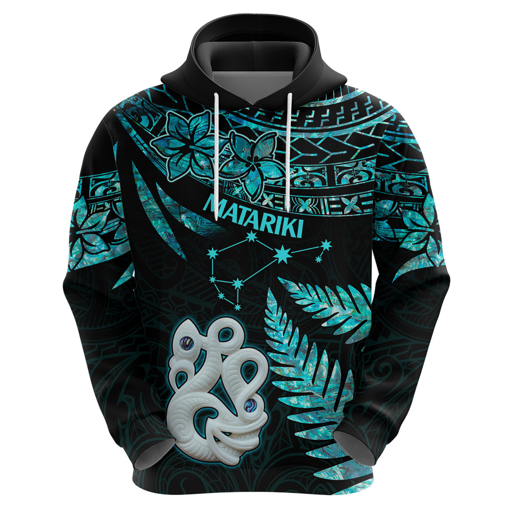 Matariki New Zealand Hoodie Maori Manaia with Paua Shell - Aqua LT9