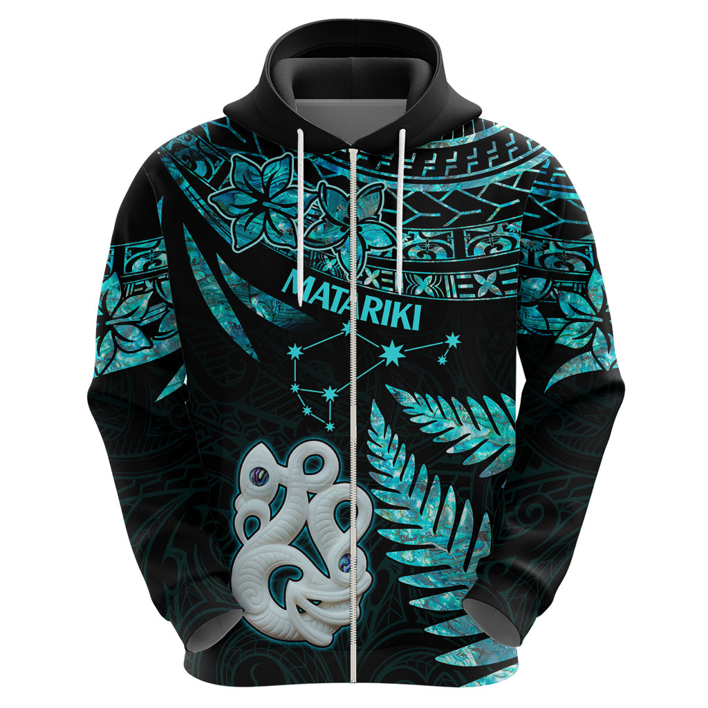 Matariki New Zealand Hoodie Maori Manaia with Paua Shell - Aqua LT9