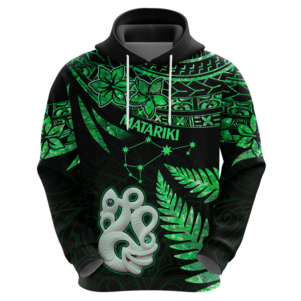 Maori Hoodie Matariki Stars Manaia with Paua Shell - Green LT9