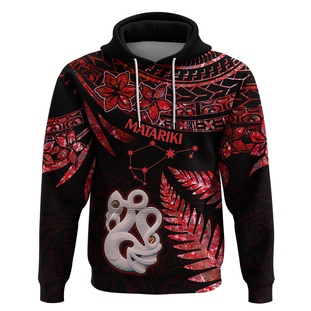 Matariki Hoodie NZ New Year Manaia with Paua Shell - Red LT9