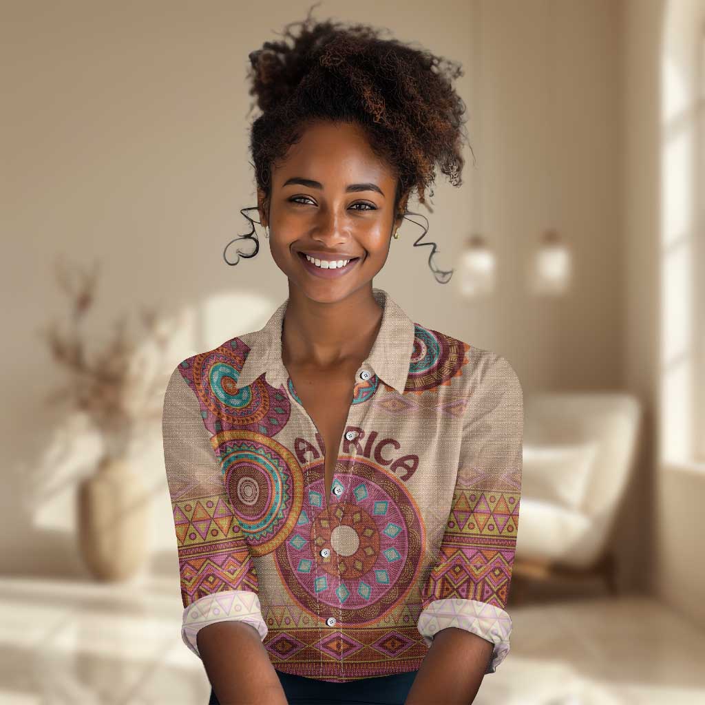 Afro Tribal Traditional Pattern Women Casual Shirt Beige Motif LT9