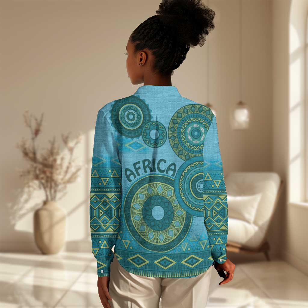 Afro Tribal Traditional Pattern Women Casual Shirt Blue Motif LT9
