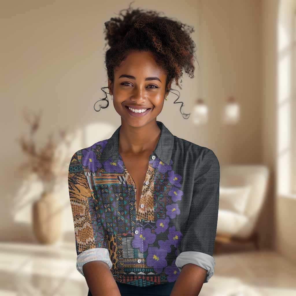 Afro Violets Flowers Women Casual Shirt Mix Native Tribal Pattern LT9