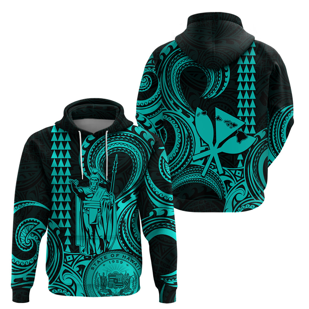 Custom Happy King Kamehameha Day Hawaii Hoodie Paradise of the Pacific Tribal Kakau with Kanaka Maoli - Turquoise LT9