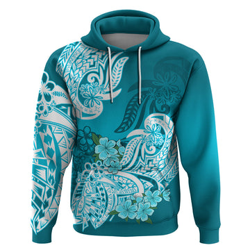 Polynesian Hoodie Pacific Flower Mix Floral Tribal Tattoo Aqua Vibe LT9
