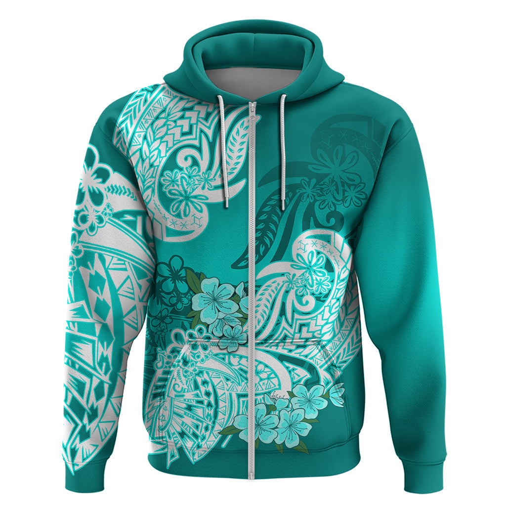 Polynesian Hoodie Pacific Flower Mix Floral Tribal Tattoo Turquoise Vibe LT9