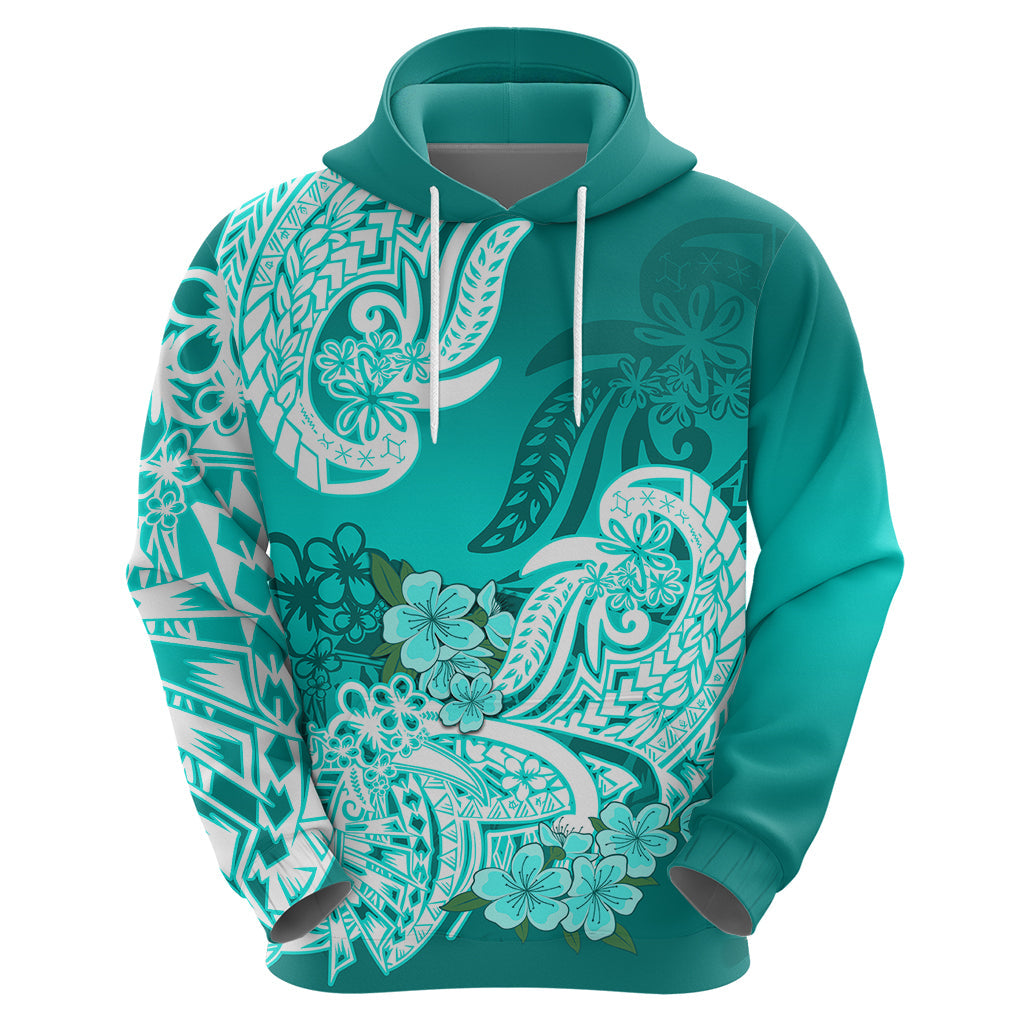 Polynesian Hoodie Pacific Flower Mix Floral Tribal Tattoo Turquoise Vibe LT9