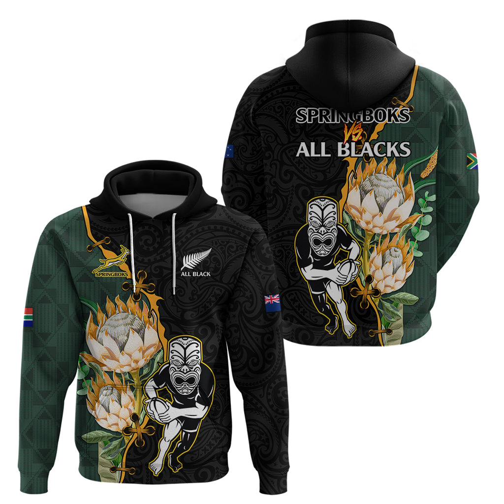 South Africa Protea and New Zealand Hoodie Go All Black-Springboks Rugby with Kente And Maori LT9