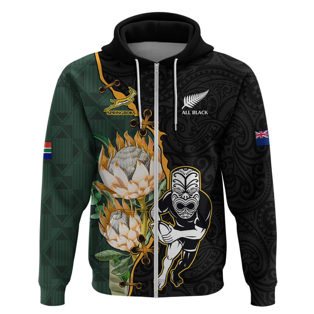 South Africa Protea and New Zealand Hoodie Go All Black-Springboks Rugby with Kente And Maori LT9