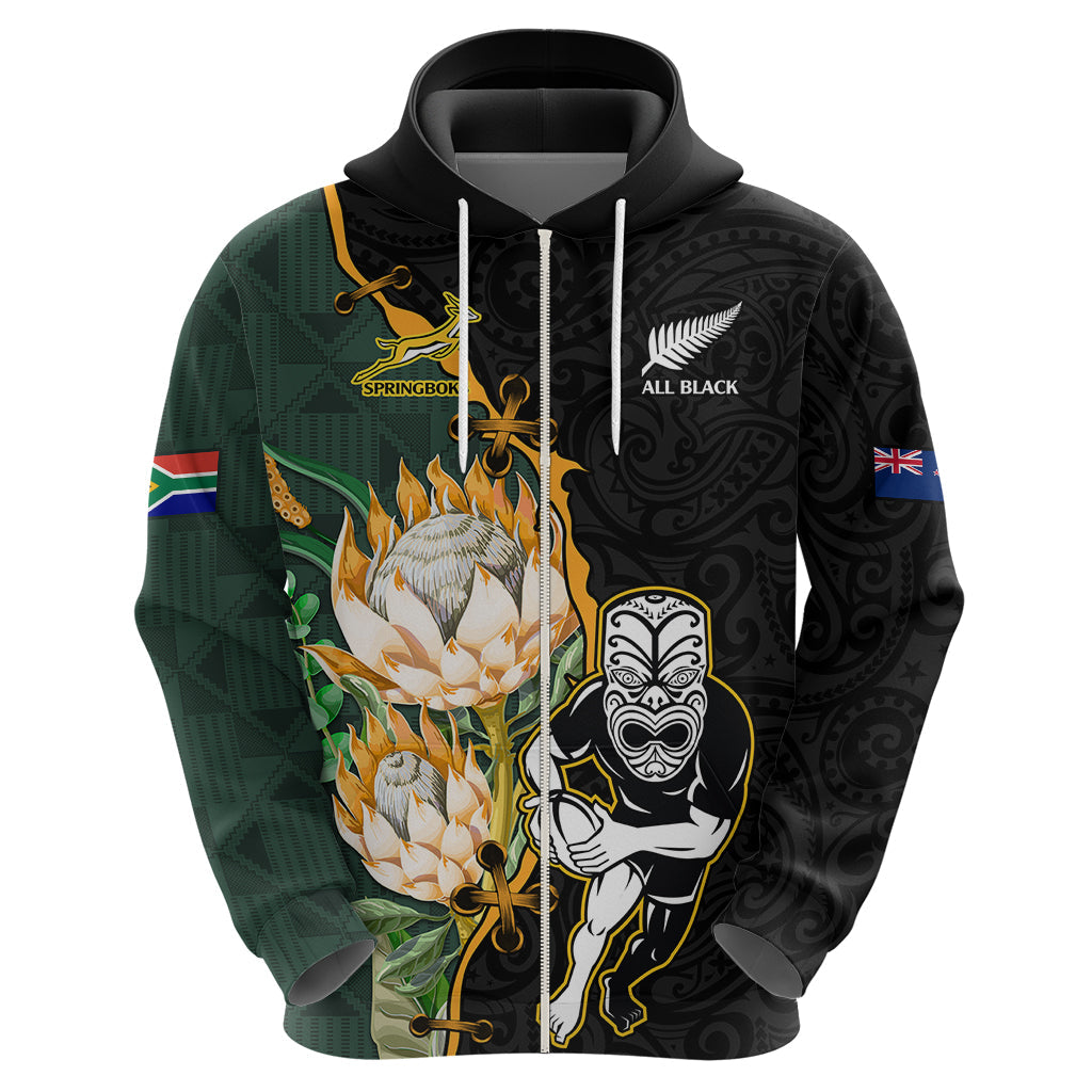 South Africa Protea and New Zealand Hoodie Go All Black-Springboks Rugby with Kente And Maori LT9