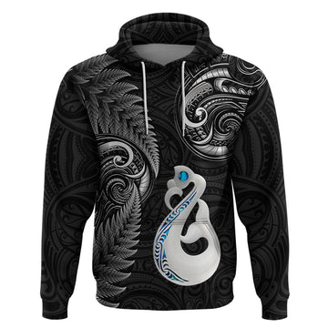 Personalised New Zealand Hoodie Aotearoa Silver Fern With Manaia Maori Unique Black LT14
