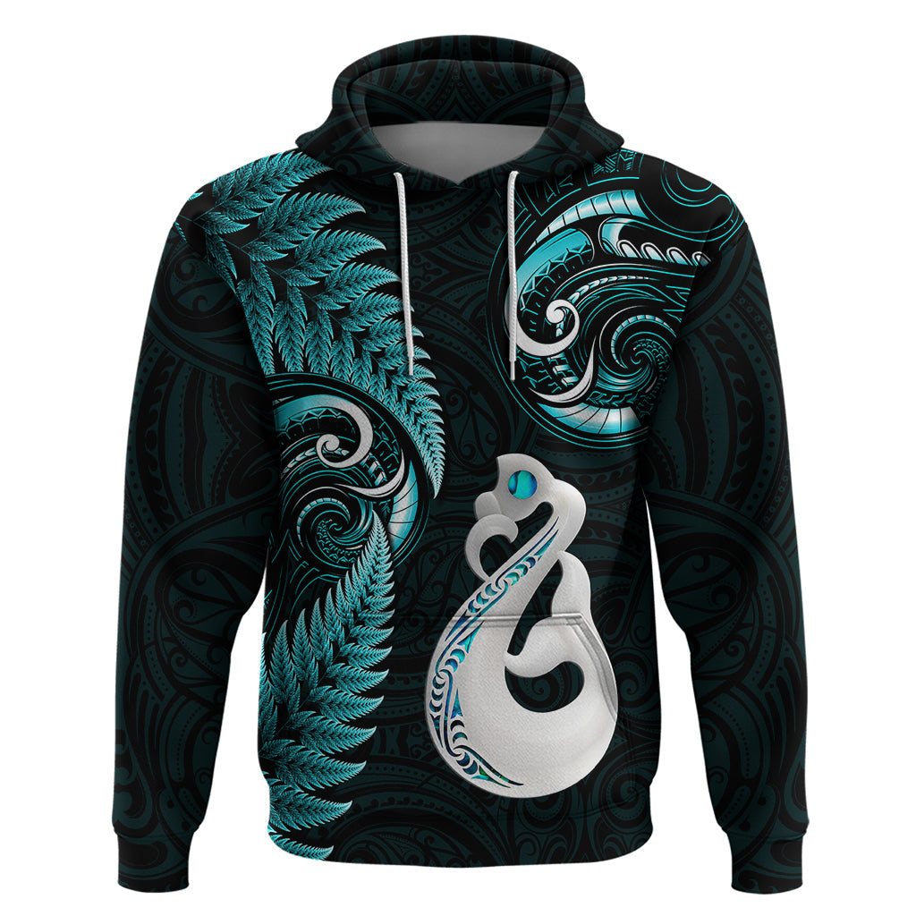 Personalised New Zealand Hoodie Aotearoa Silver Fern With Manaia Maori Unique Turquoise LT14
