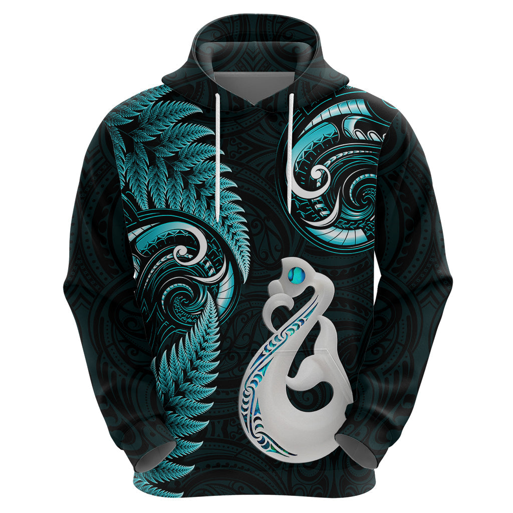 Personalised New Zealand Hoodie Aotearoa Silver Fern With Manaia Maori Unique Turquoise LT14