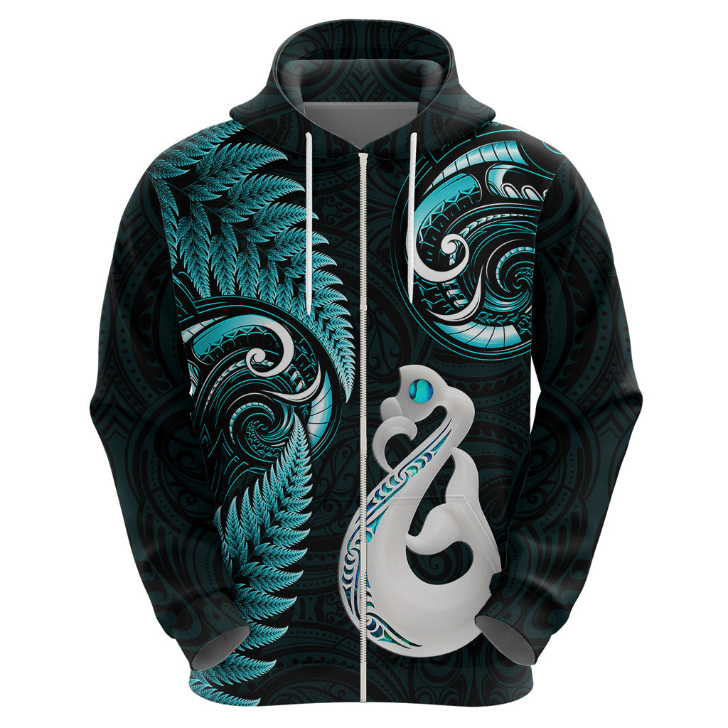 Personalised New Zealand Hoodie Aotearoa Silver Fern With Manaia Maori Unique Turquoise LT14