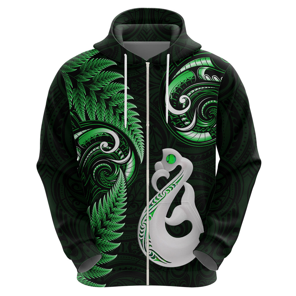Personalised New Zealand Hoodie Aotearoa Silver Fern With Manaia Maori Unique Green LT14