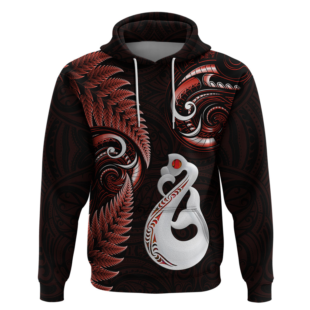 Personalised New Zealand Hoodie Aotearoa Silver Fern With Manaia Maori Unique Red LT14
