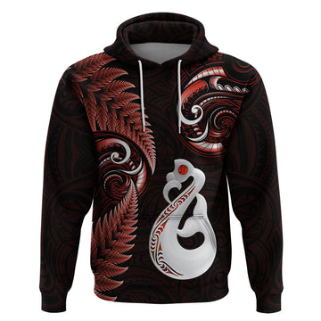 Personalised New Zealand Hoodie Aotearoa Silver Fern With Manaia Maori Unique Red LT14
