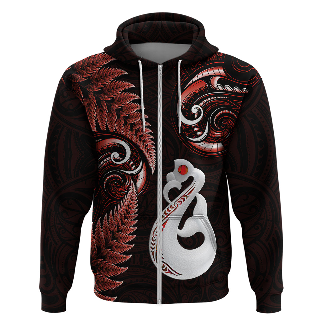 Personalised New Zealand Hoodie Aotearoa Silver Fern With Manaia Maori Unique Red LT14