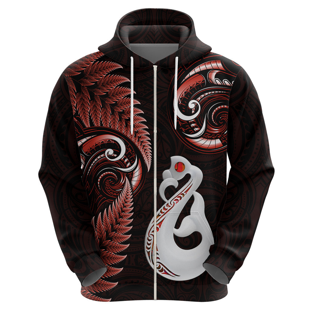 Personalised New Zealand Hoodie Aotearoa Silver Fern With Manaia Maori Unique Red LT14