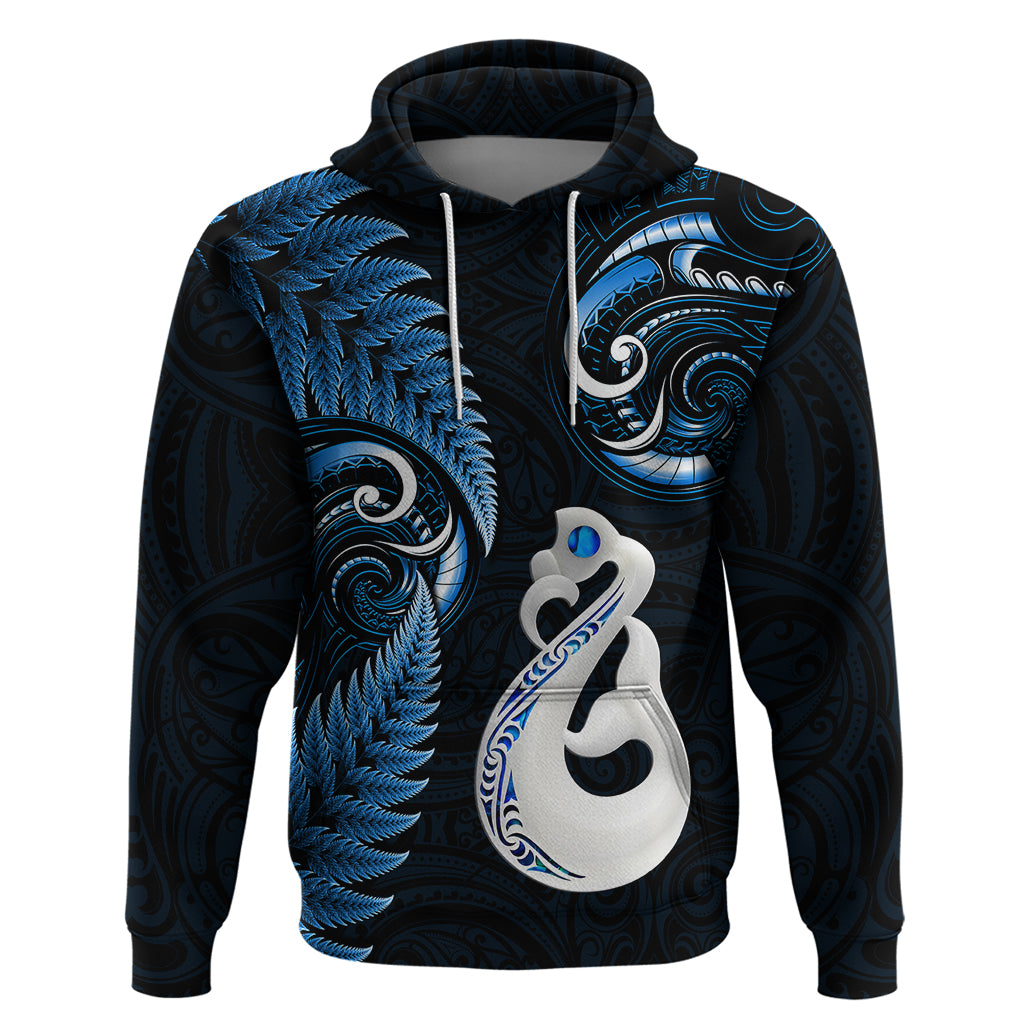 Personalised New Zealand Hoodie Aotearoa Silver Fern With Manaia Maori Unique Blue LT14