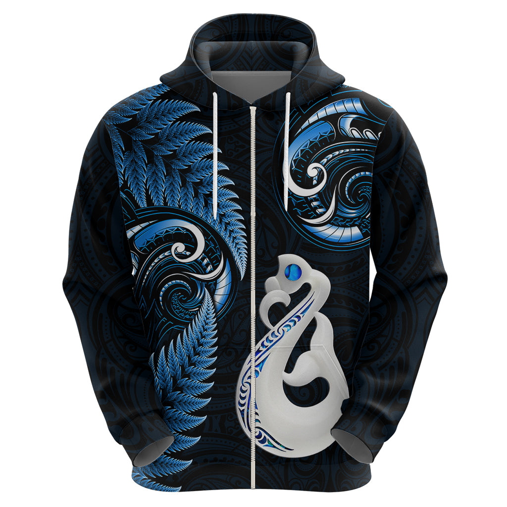 Personalised New Zealand Hoodie Aotearoa Silver Fern With Manaia Maori Unique Blue LT14