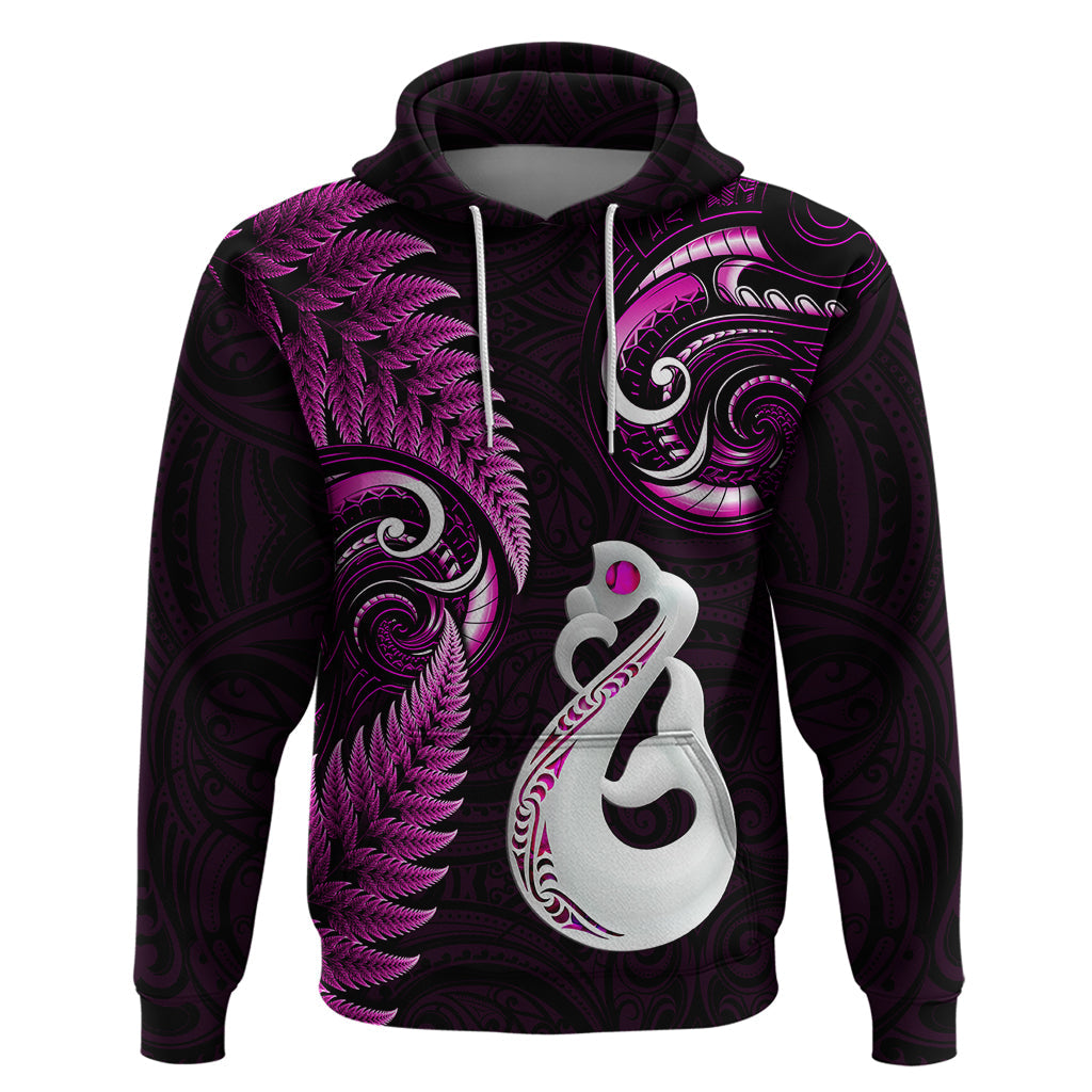 Personalised New Zealand Hoodie Aotearoa Silver Fern With Manaia Maori Unique Pink LT14
