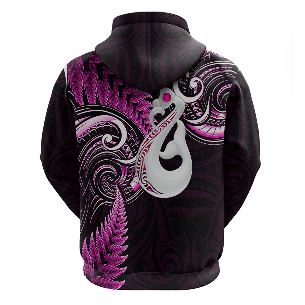 Personalised New Zealand Hoodie Aotearoa Silver Fern With Manaia Maori Unique Pink LT14