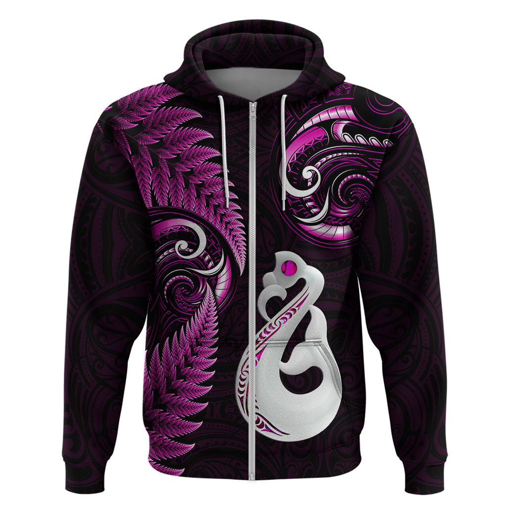 Personalised New Zealand Hoodie Aotearoa Silver Fern With Manaia Maori Unique Pink LT14