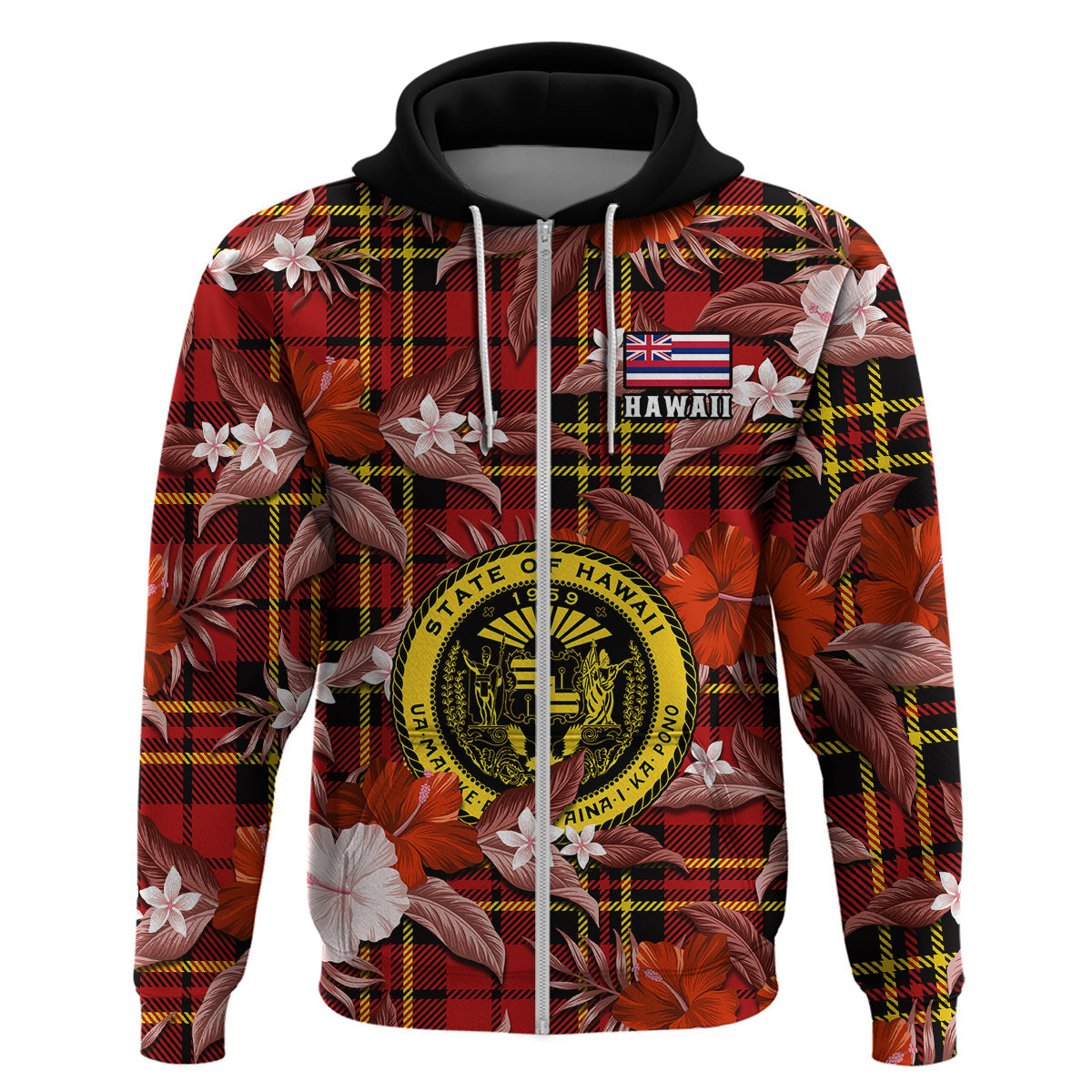 Hawaii State Hoodie Tropical Flowers Mix Tartan Red Version LT14