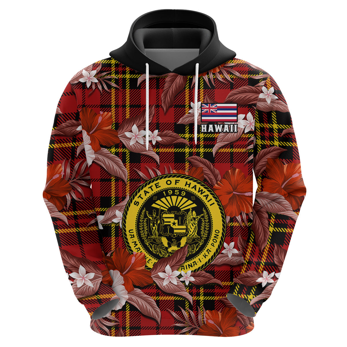 Hawaii State Hoodie Tropical Flowers Mix Tartan Red Version LT14