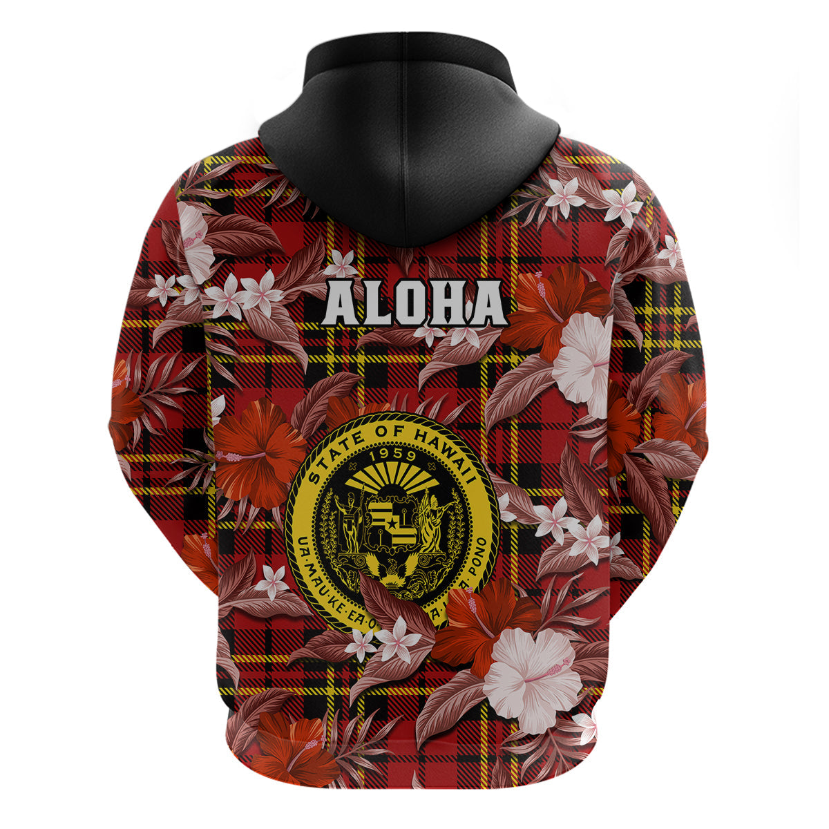 Hawaii State Hoodie Tropical Flowers Mix Tartan Red Version LT14