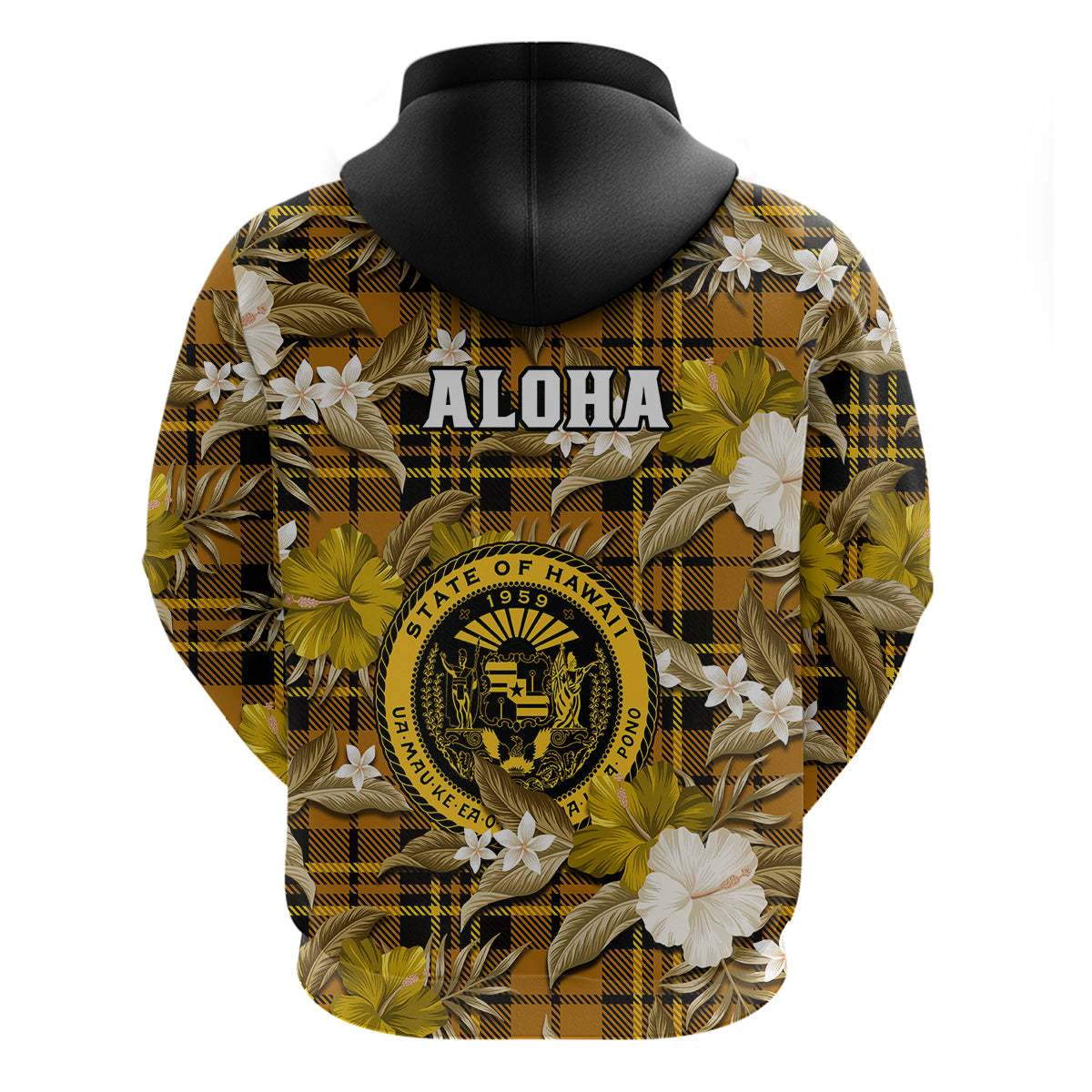 Hawaii State Hoodie Tropical Flowers Mix Tartan Gold Version LT14