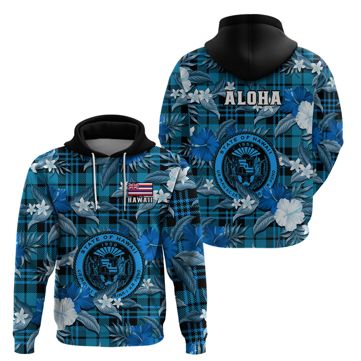 Hawaii State Hoodie Tropical Flowers Mix Tartan Blue Version LT14