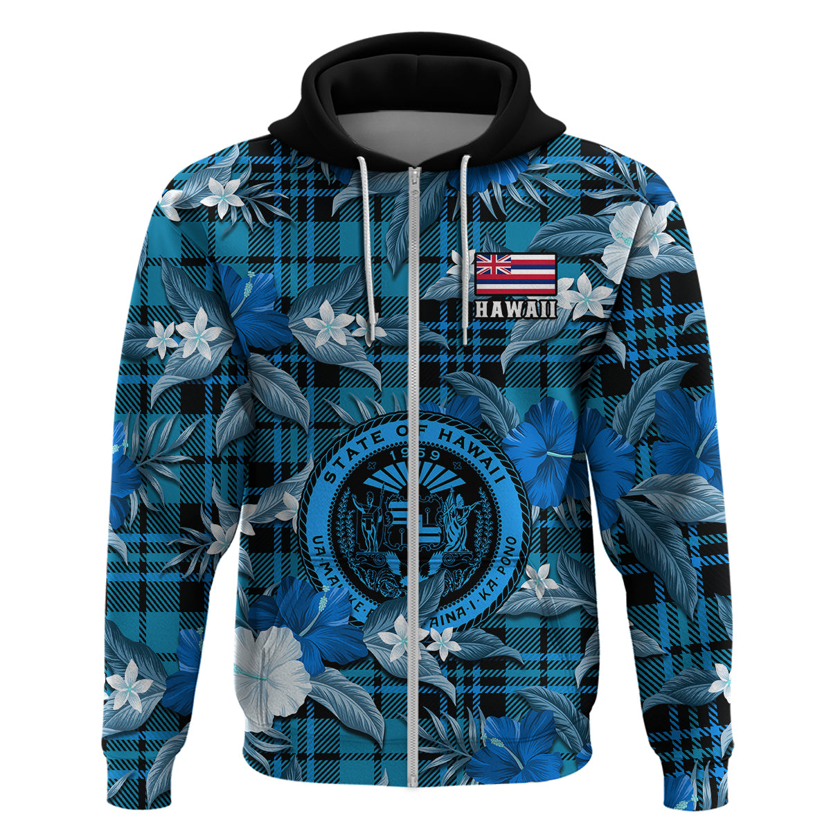 Hawaii State Hoodie Tropical Flowers Mix Tartan Blue Version LT14