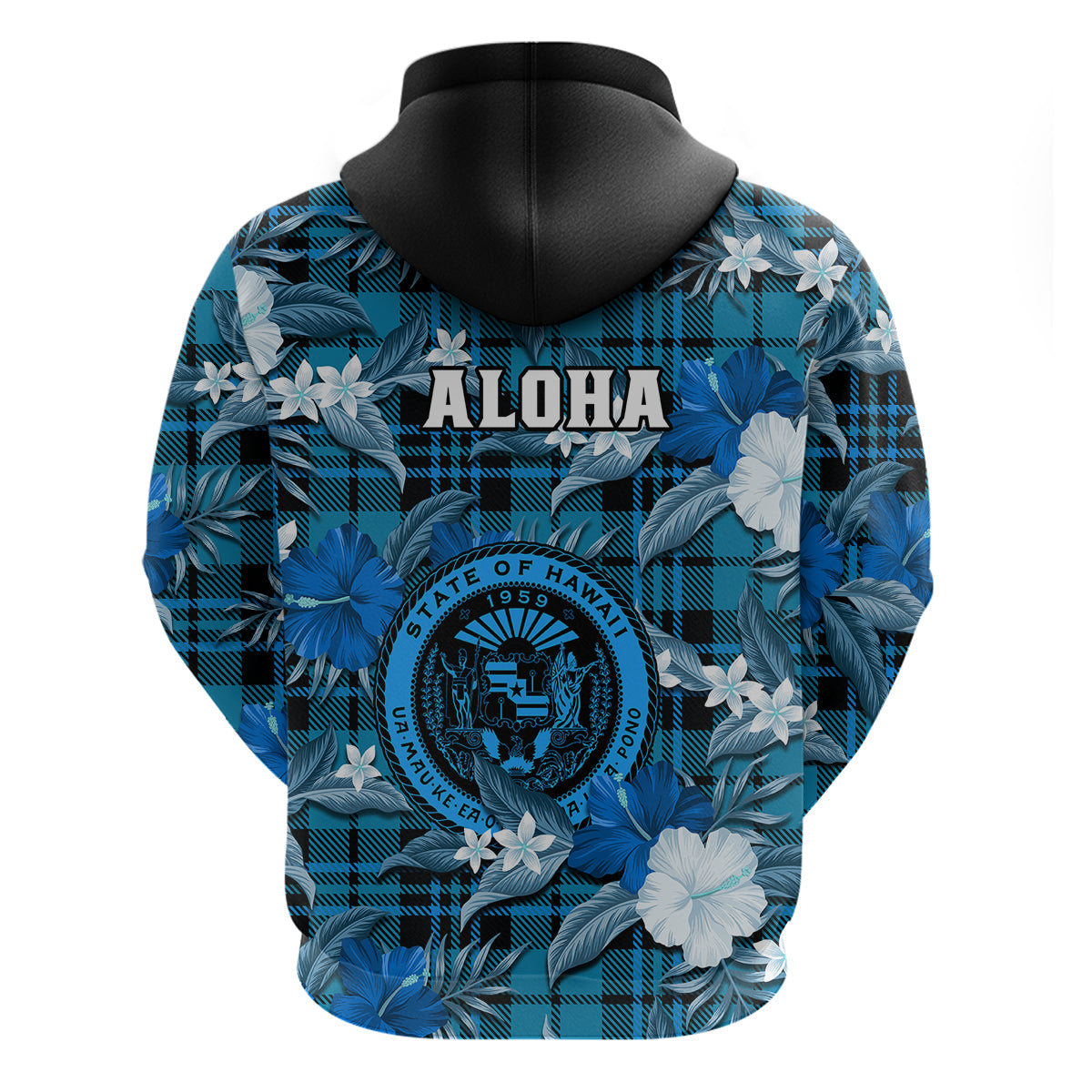 Hawaii State Hoodie Tropical Flowers Mix Tartan Blue Version LT14