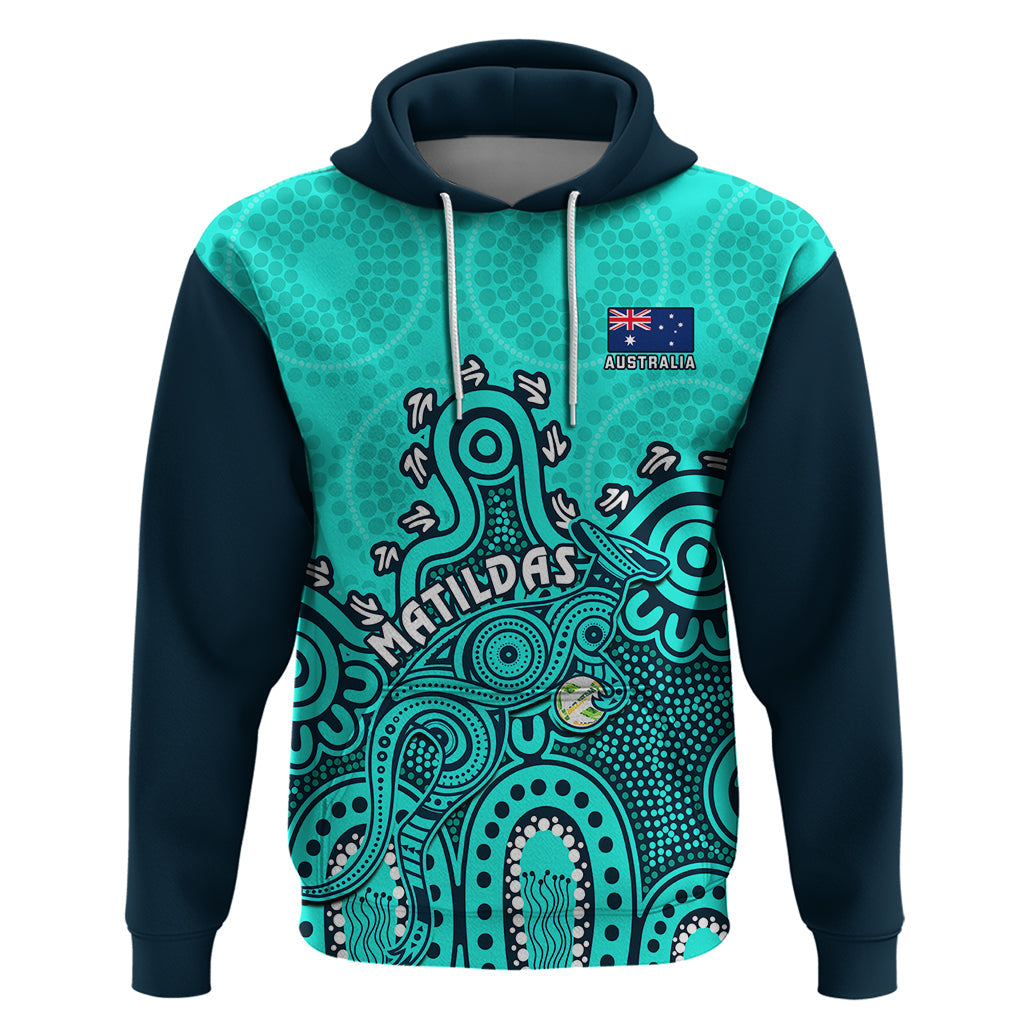 Personalised Australia Soccer Hoodie Aboriginal Turquoise 2023 World Cup With Kangaroo LT14