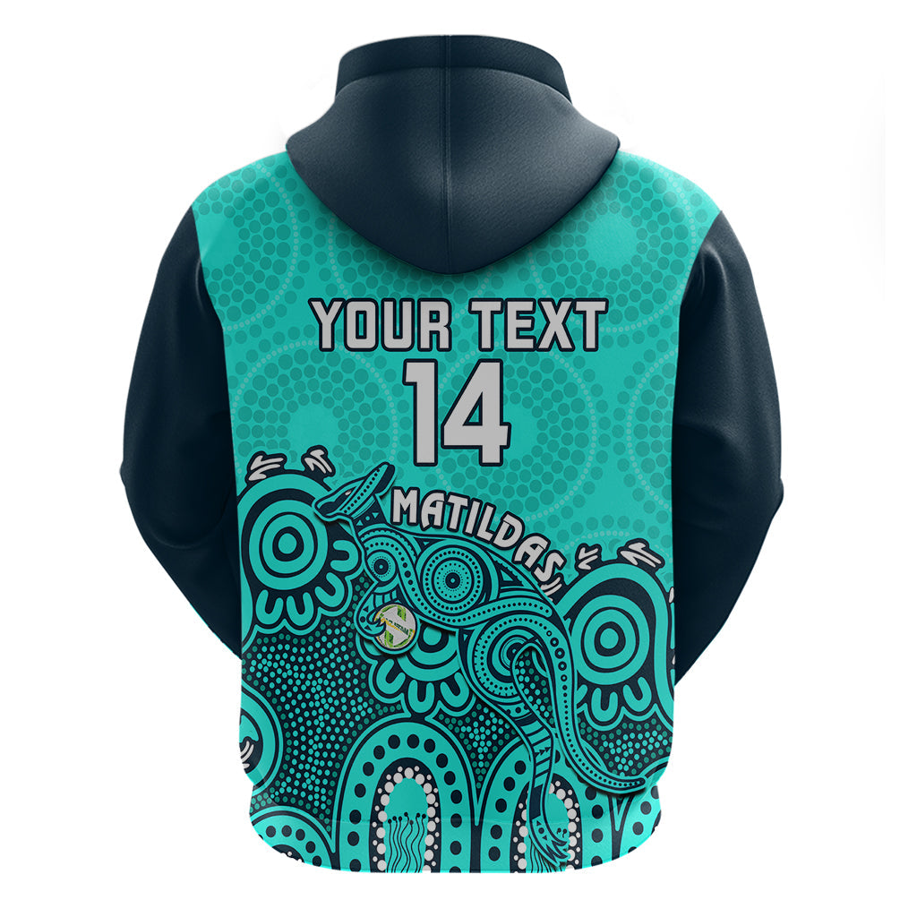 Personalised Australia Soccer Hoodie Aboriginal Turquoise 2023 World Cup With Kangaroo LT14