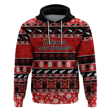 Personalised New Zealand Christmas Hoodie Aotearoa Kiwi Meri Kirihimete Red Version LT14