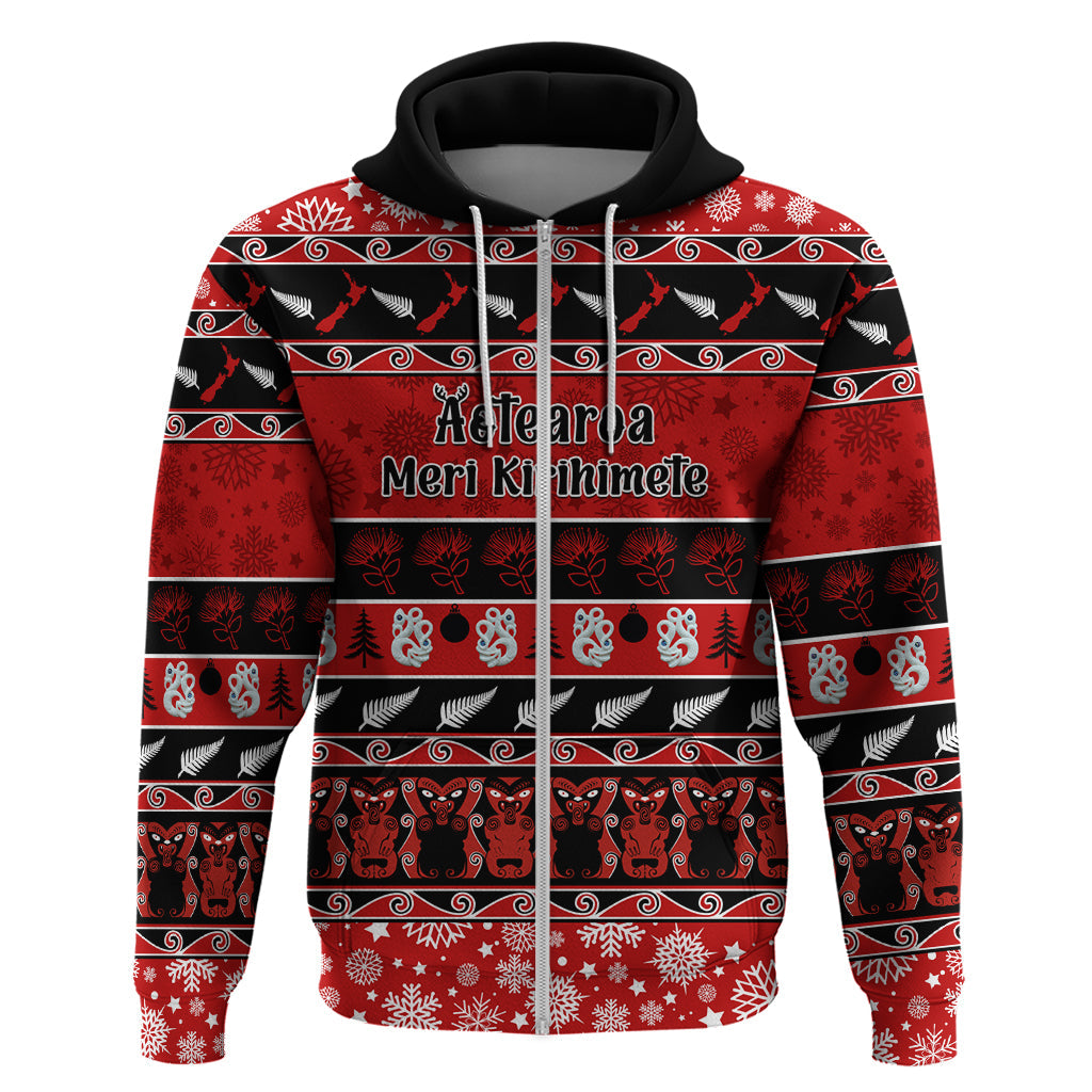 Personalised New Zealand Christmas Hoodie Aotearoa Kiwi Meri Kirihimete Red Version LT14